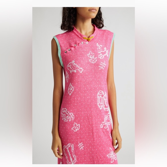 YanYan Munzi Cheongsam Asian Style Jacquard Linen Midi Dress Pink Small - Picture 5 of 15